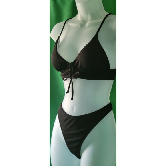 Drawstring Front Criss Cross Back Black Bikini Set Sz M - Picture 5 of 8